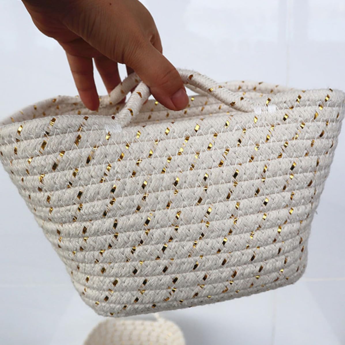 Cotton Rope Storage Basket, Hand-sewn Organizer for Desktop