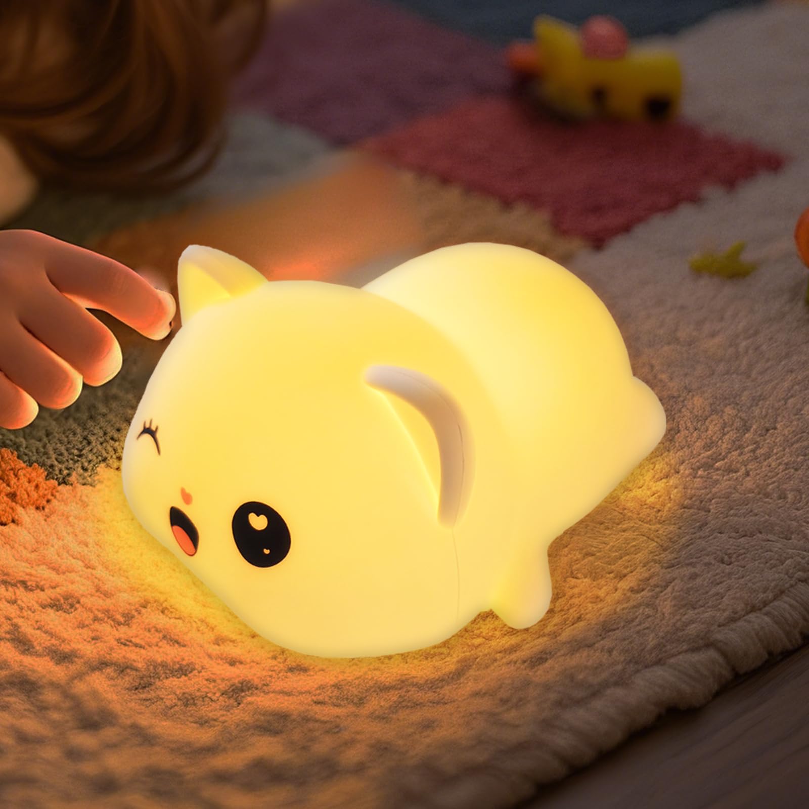 Colorful Life Linda luz de grifo de silicona para gatos, luz nocturna suave con 3 modos de color, lámpara LED recargable para mesita de noche para niños y niñas (blanco cálido, se ilumina cuando se