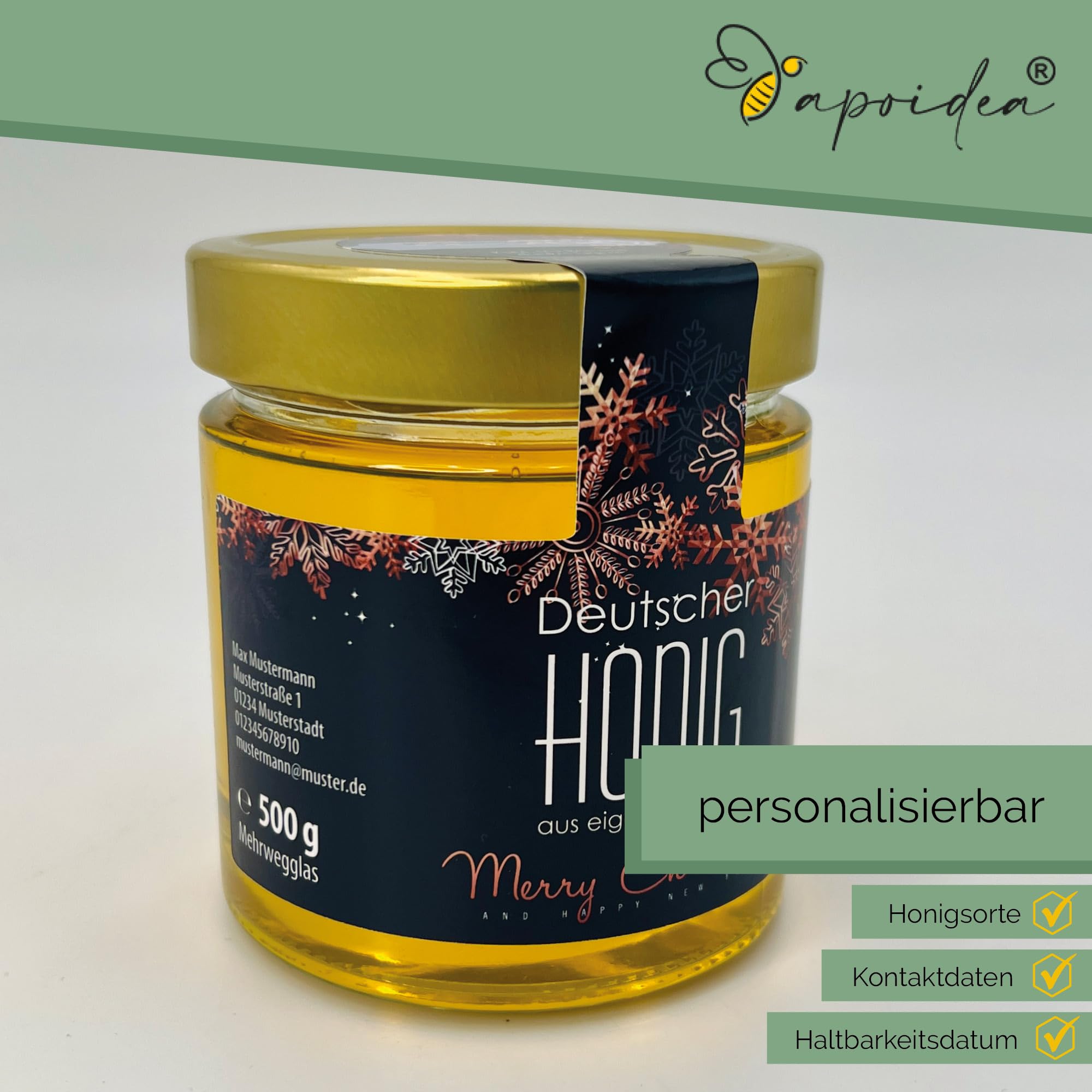 Apoidea – Honig Etiketten 500g mit Weihnachtsmotiv & Gewährverschluss selbstklebend & personalisierbar - 300 Stück/Etiketten Honiggläser/Honig Aufkleber für selbstgemachten Honig/Honigetiketten