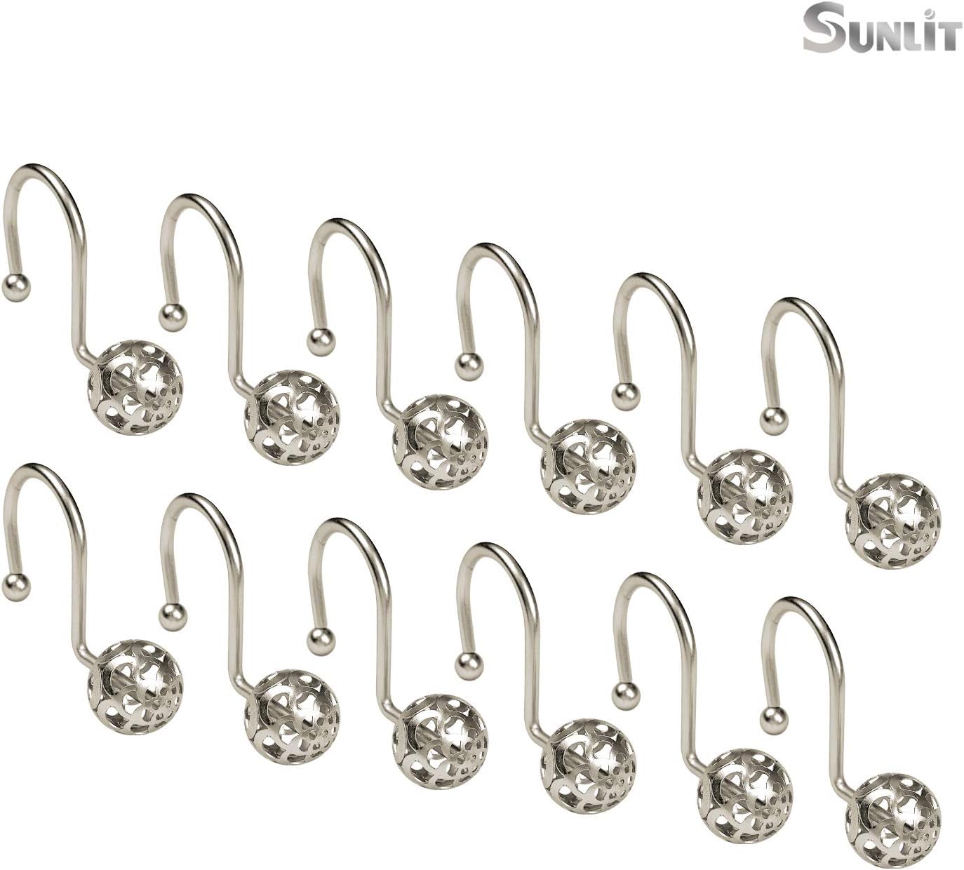 Sunlit Contemporary Design Carved Ball Shower Curtain Hooks Rust Proof Oil Rubbed Metal Orb Shower Curtain Rings - Satin Matte Silver - 12 Pack