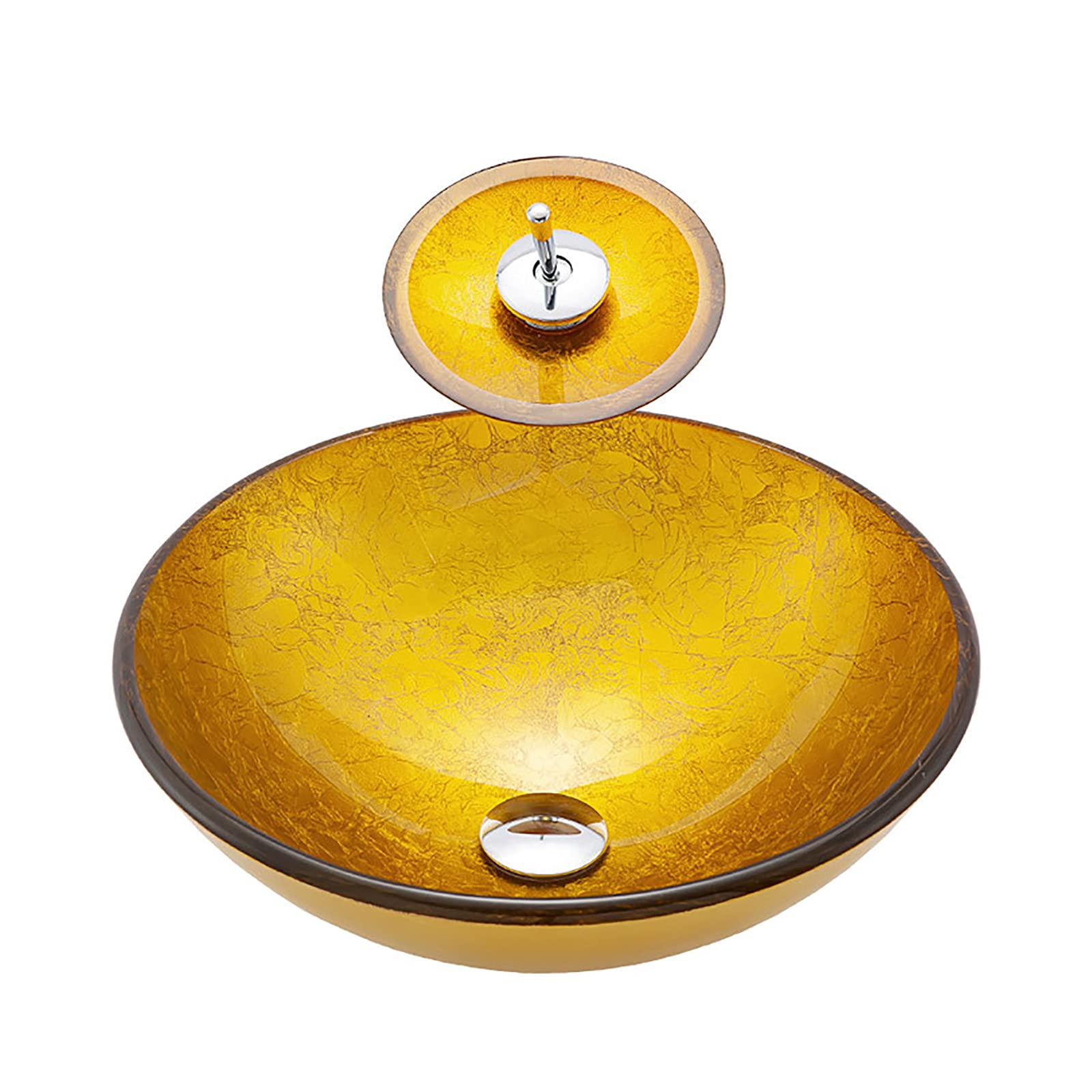 SBCGFY Vessel Sinks, Bathroom Vessel Sink Goud Glass Vessel Sink Artistic Vessel Bowl Sink Countertop Vanity Vessel Sink With Pop Up Drain Combo Waterfall Faucet,Round-One Size