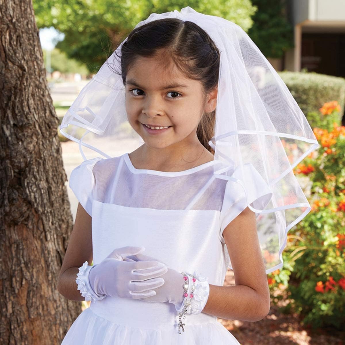 Needzo White First Communion Veil for Girls, Tulle with Satin Trim and Rhinestone Cross, 54 Inches