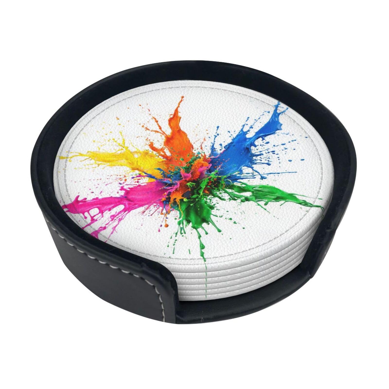 Rainbow Splash Leather Coasters-Set of 6 with Storage Holder