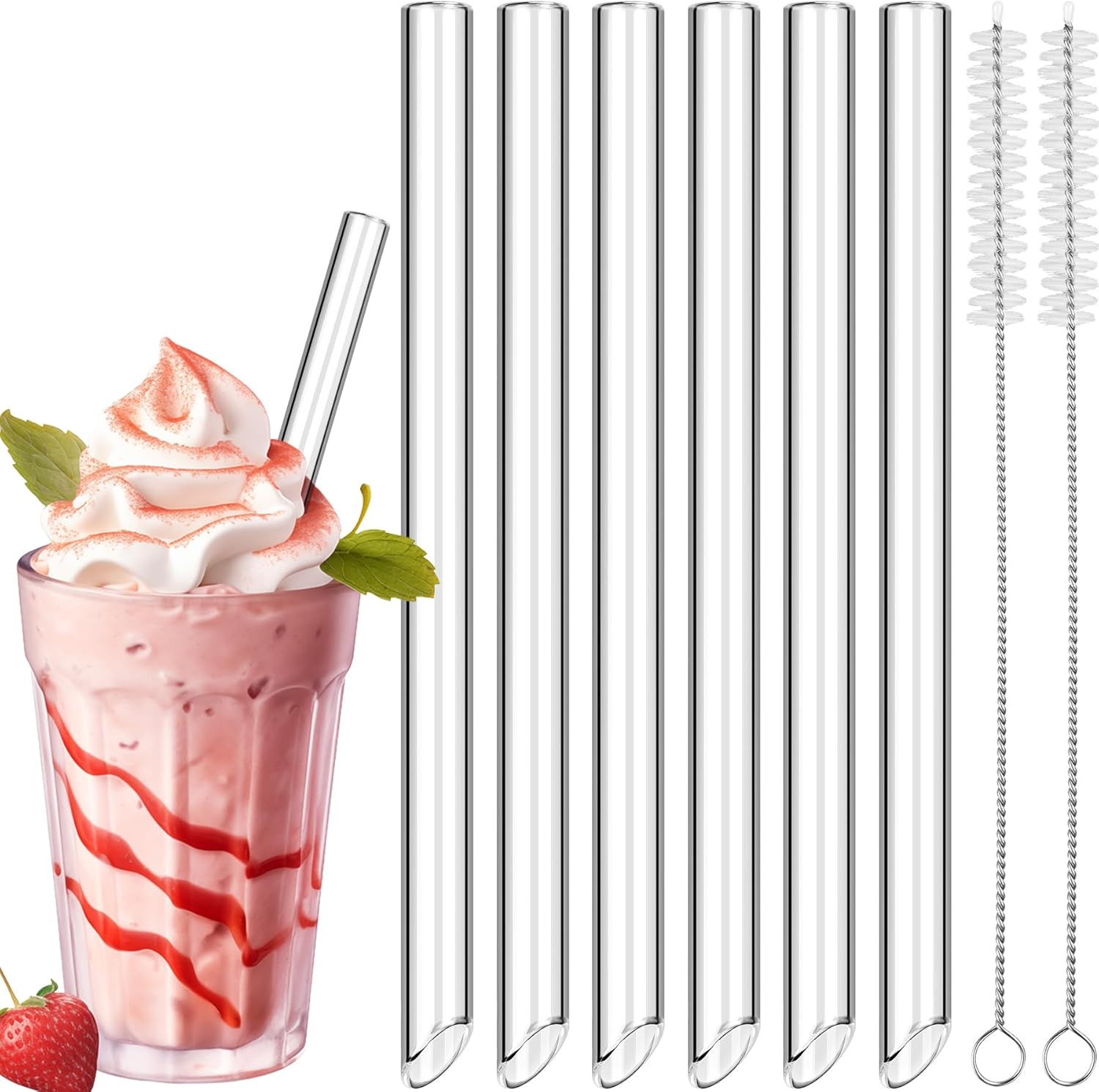 NiHome 6-Pack Transparent Glass Reusable Straws for Boba, Smoothies 9″ Length, 0.55’’ Extra-Wide Clear Drinking Straws for Bubble Tea, Juices, Ice Drink with 2 Cleaning Brushes