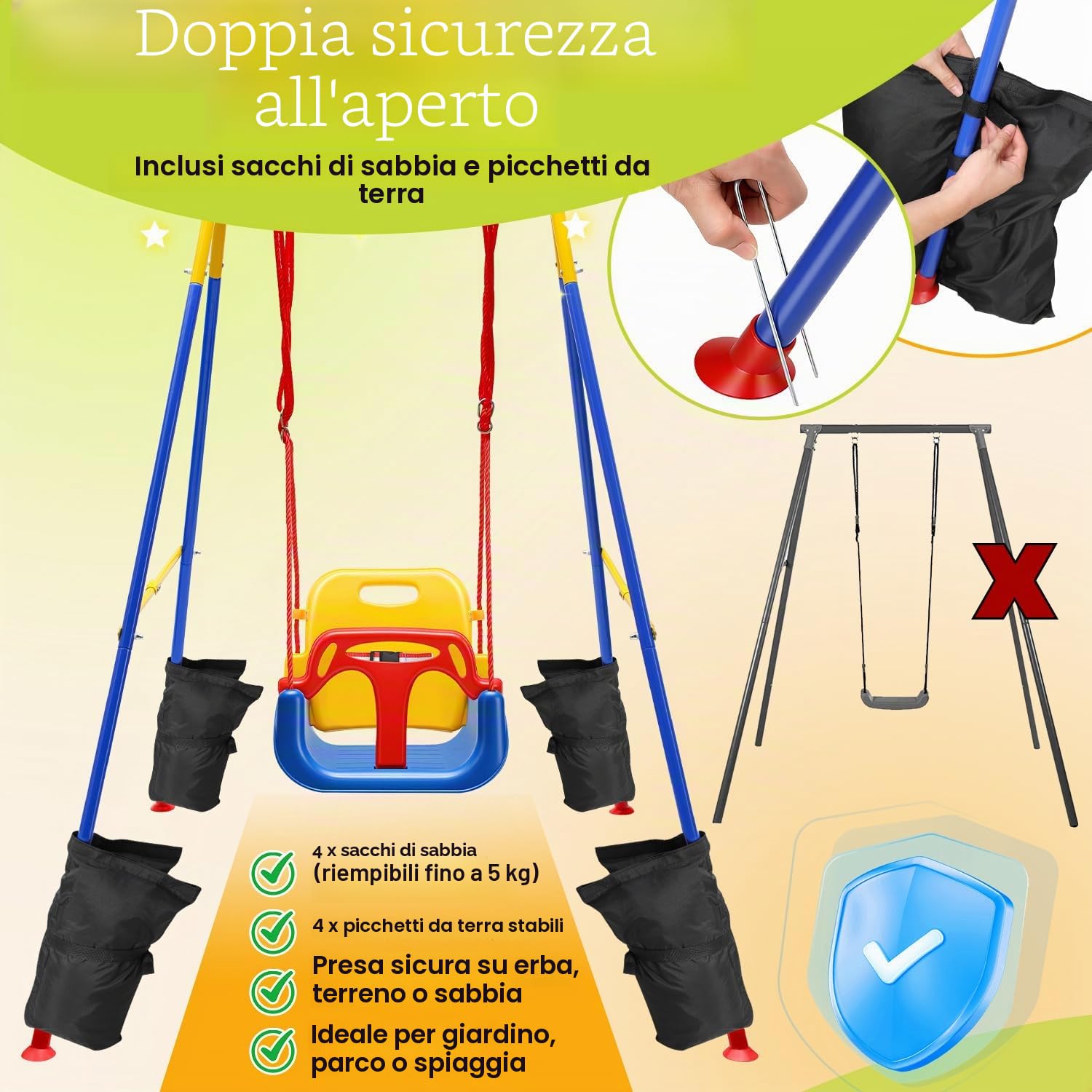 Altalena per bambini, 4 in 1, con telaio – Altalena per bambini, con cintura di sicurezza, pieghevole e 4 sacchi di sabbia, per interni ed esterni, facile da montare