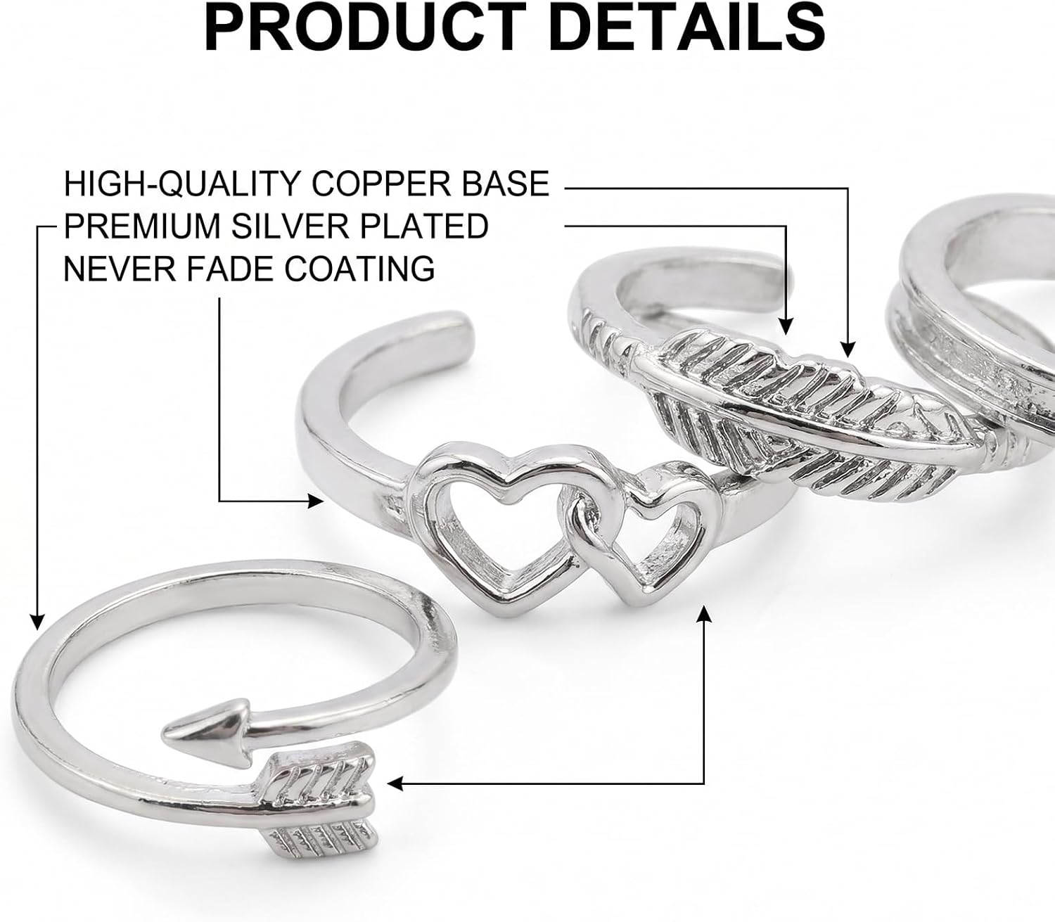 12 PCS Toe Rings for Women Non Tarnish Silver Adjustable Open Toe Rings Set,Copper Crafted,Flower Leaves Heart Shaped Stackable Foot Jewelry Rings for Summer Beach Everyday Wear