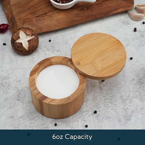 Miniatura 2 de KITCHENDAO Caja de cuenco de bambú para sal, elegante recipiente de sal de cocina con tapa magnética giratoria para almacenar pimienta, especias,