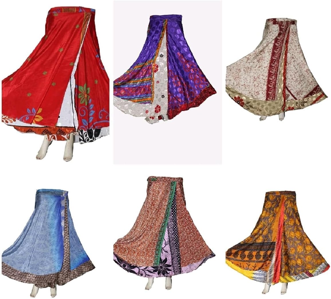 Original Two Layer Printed Wrap Around Vintage Silk Reversible Skirt 3 Pcs Pack