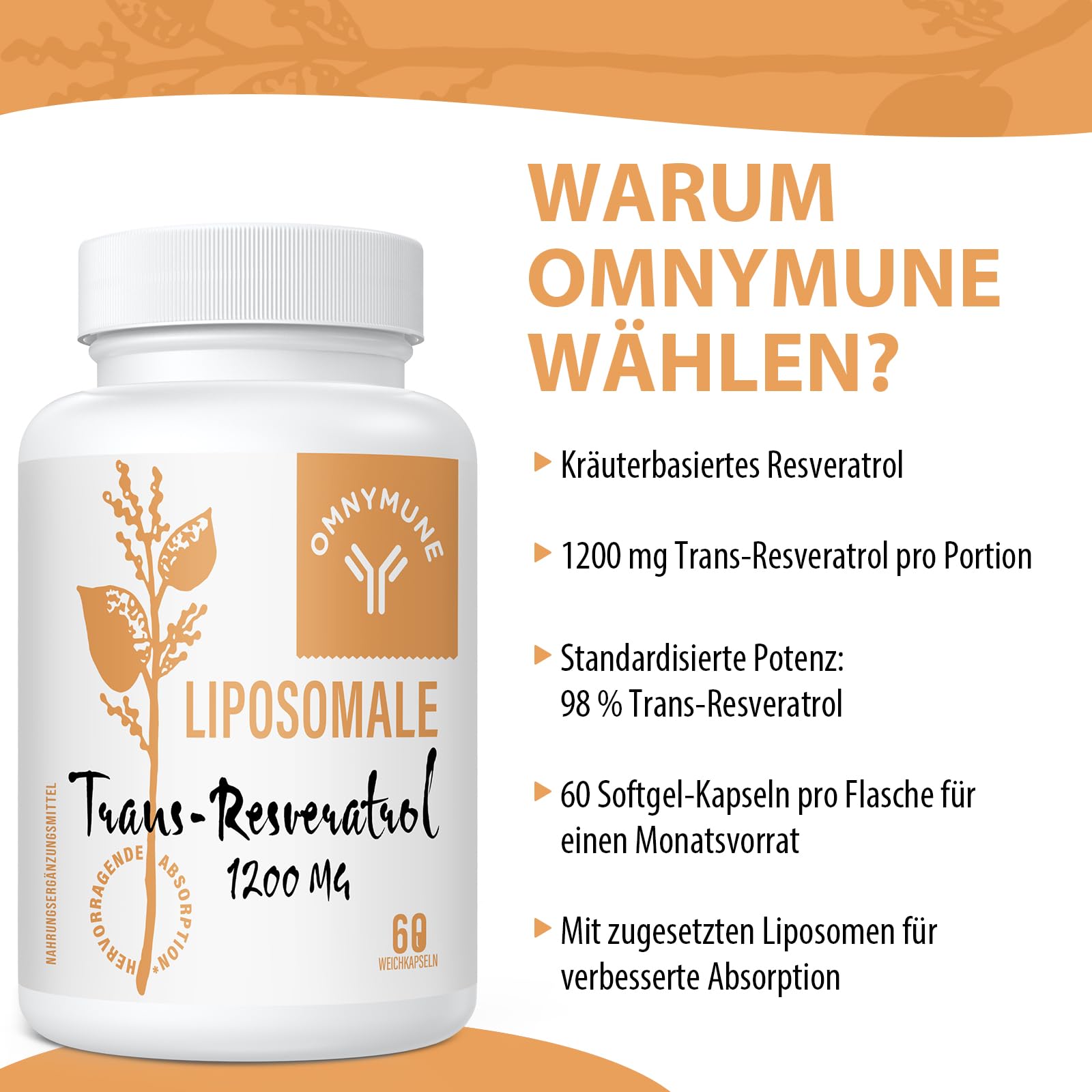 Resveratrol Liposomal 1200 mg, Trans-Resvératrol Pur à 98%, Extrait de Renouée du Japon, 60 Gélules