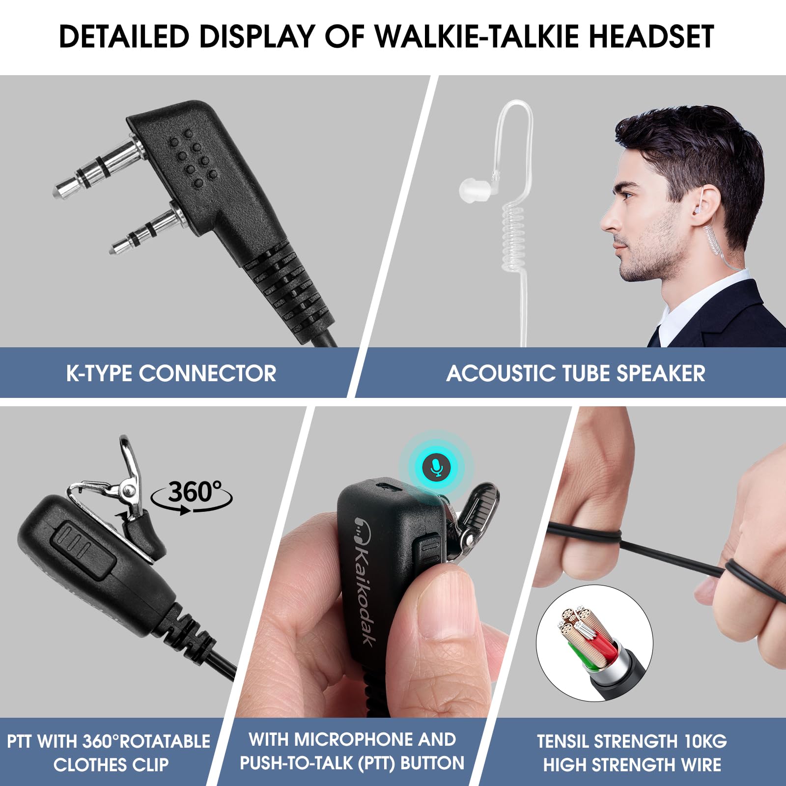 Auricolare radio bidirezionale con microfono Walkie Talkie, compatibile con Kenwood Baofeng BTECH Retevis Wouxun Pxton (cuffie a tubo acustico ad aria nascosta a 2 pin)