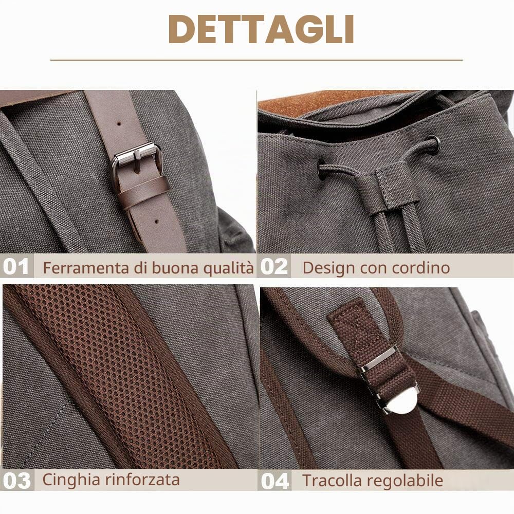 Zaino Vintage in Tela e Pelle, Grande Capacità Multi-Tasca per Università, Viaggi & Lavoro, Zaino Impermeabile per Scuola (Verde Oliva)