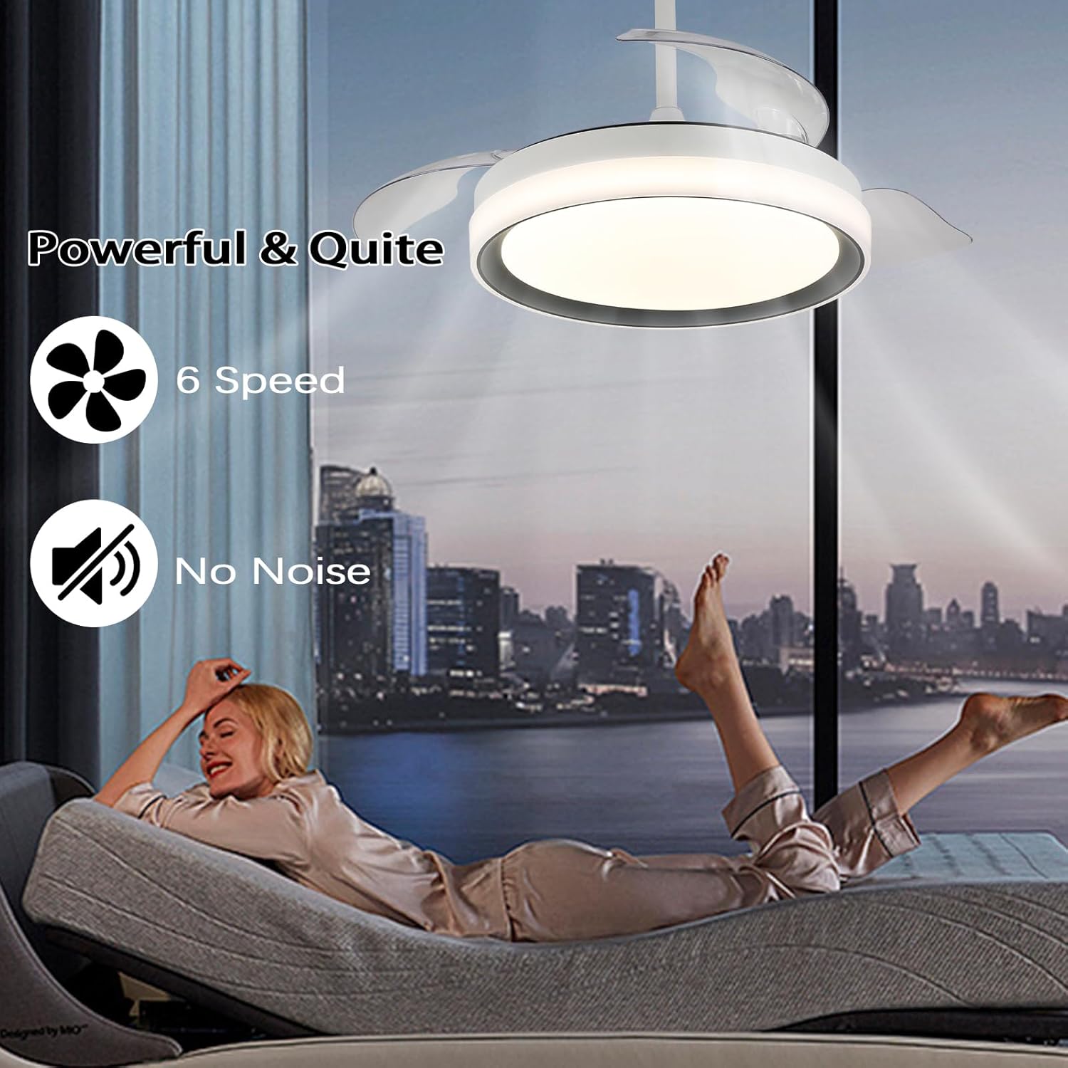 42" Dimmable Fandelier Modern Ceiling Fans with Lights and Remote,3 Color 6 Speed Round Retractable Ceiling Fan for Bedroom Living Room Dining Room(White)