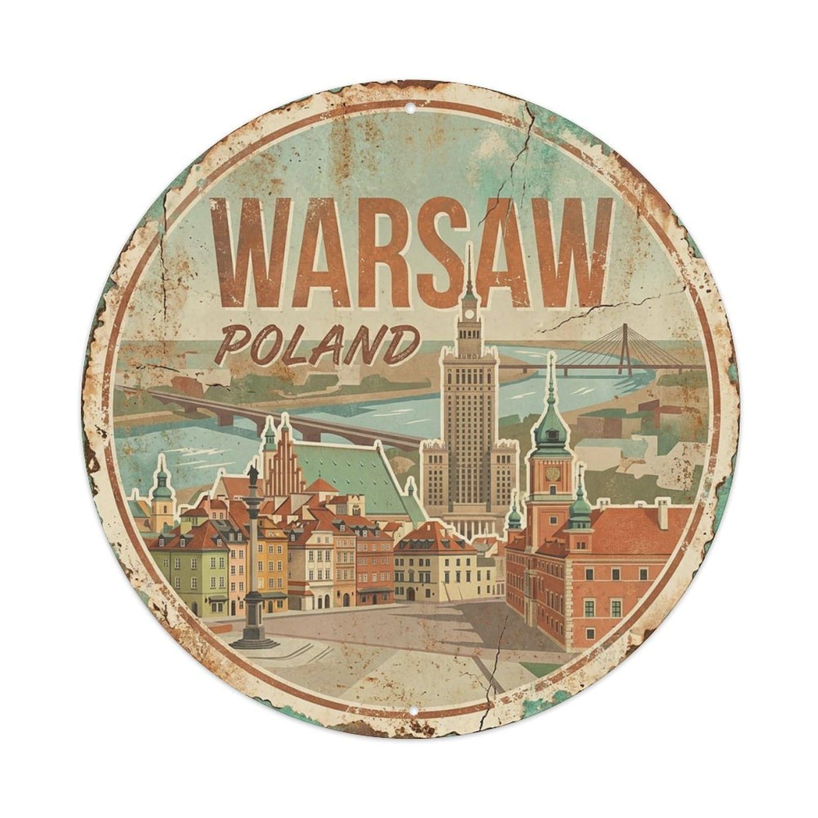 Vintage Travel Poland Warsaw Vintage Metal Tin Sign Plaque Wall Decor for Cafe, Club Bar, Office, Garden Metal Poster 8x8Inch
