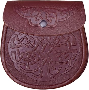 Black Genuine Leather Sporran Celtic Knot Double Embossed Scottish Kilt Sporran w/Chain and Belt Brown