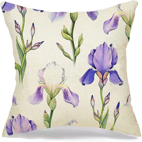 Decorative Throw Pillow Cover Watercolor Iris Blossom Spring Botany Flower Pattern Decoration Nature Textures Textile Invitation Cozy Square Cushion