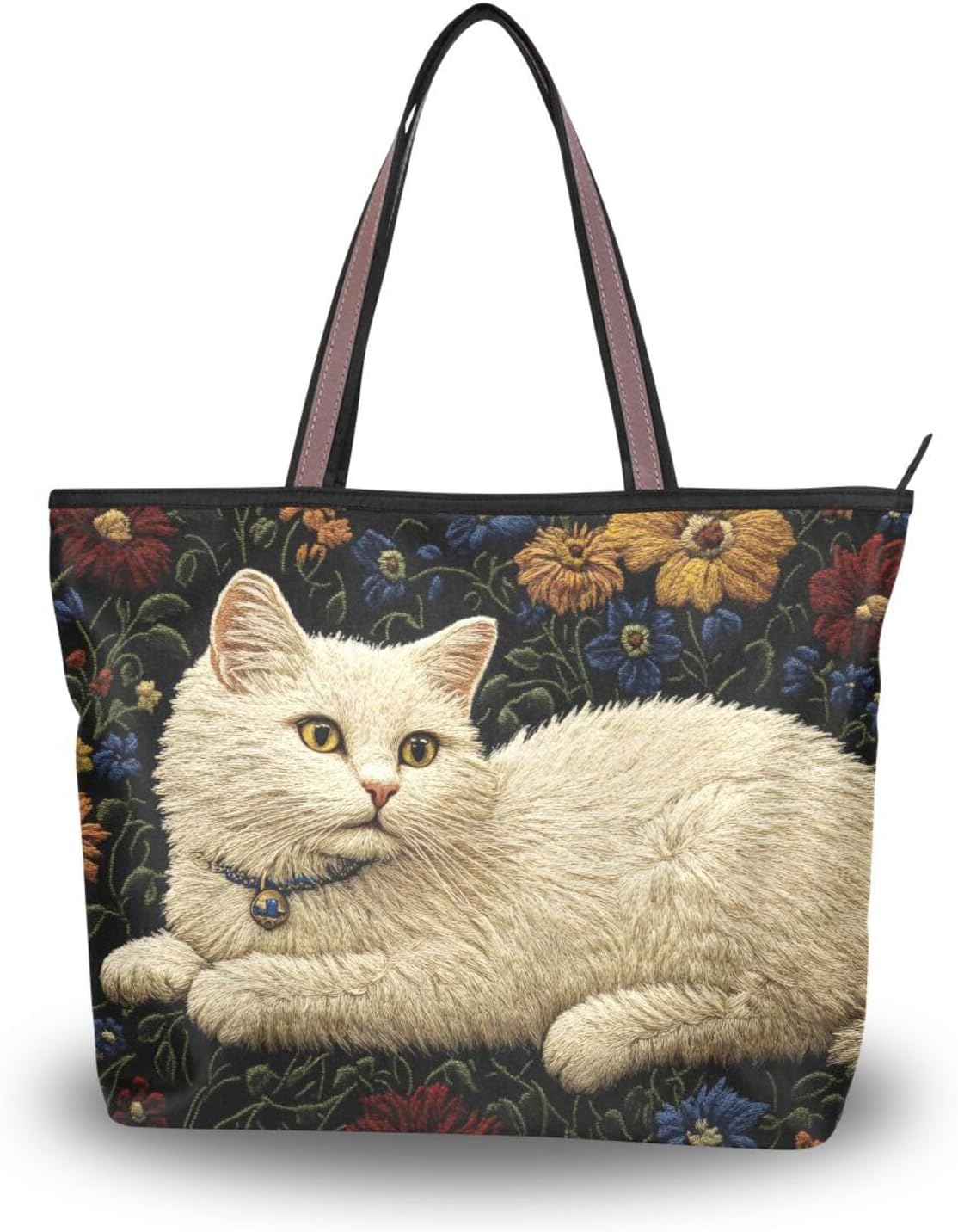 Womens Tote Bags Floral Cat White Print Reusable Grocery Handbag Bags with Zipper Large Size