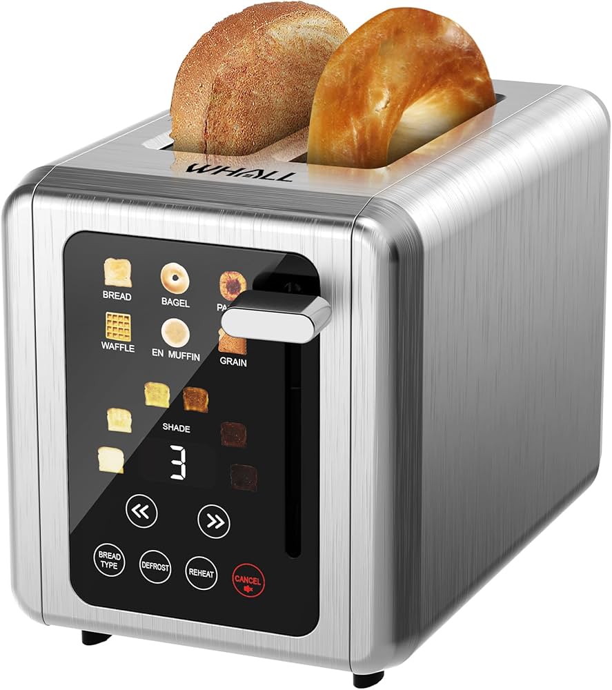 WHALL® Touch Screen Toaster 2 Slice,Stainless Steel Digital Timer Toasters,6 Bread Types & 6 Shade Settings,Smart Extra Wide Slots Toaster With Bagel,Cancel,Defrost Functions