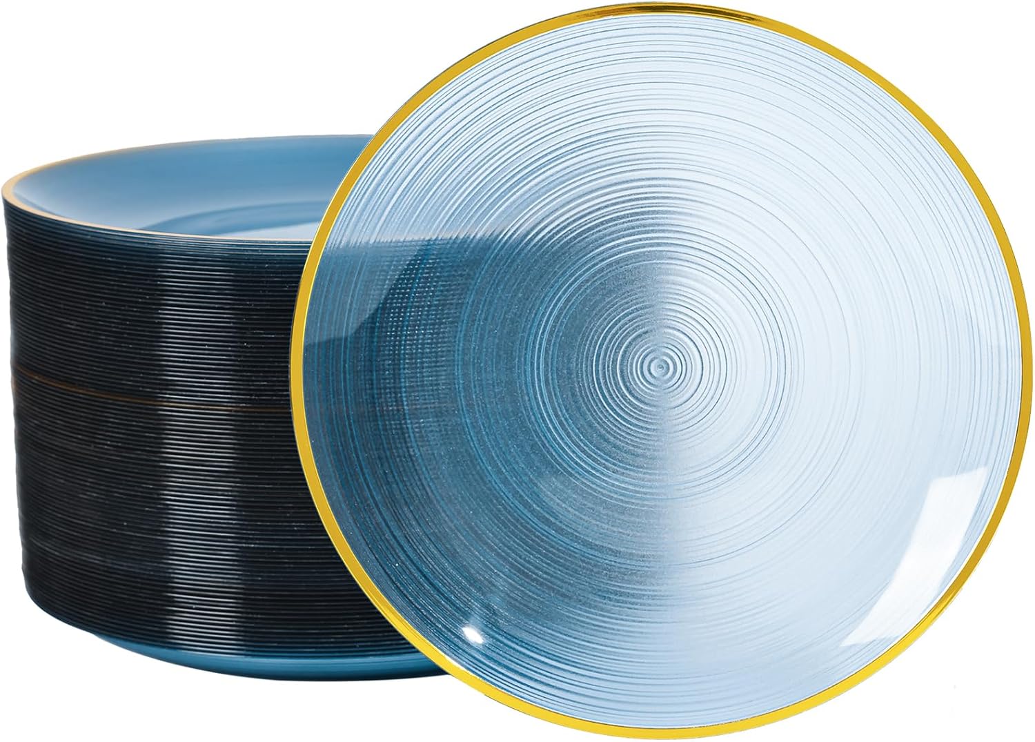 LCCFHTI 100PCS Transparent Blue Gold Plastic Plates, 10 Inch Heavy Duty Disposable Dinner Plates with Gold Rim, Round Party Plates for Wedding, Party, Camping, Picnic, Birthday