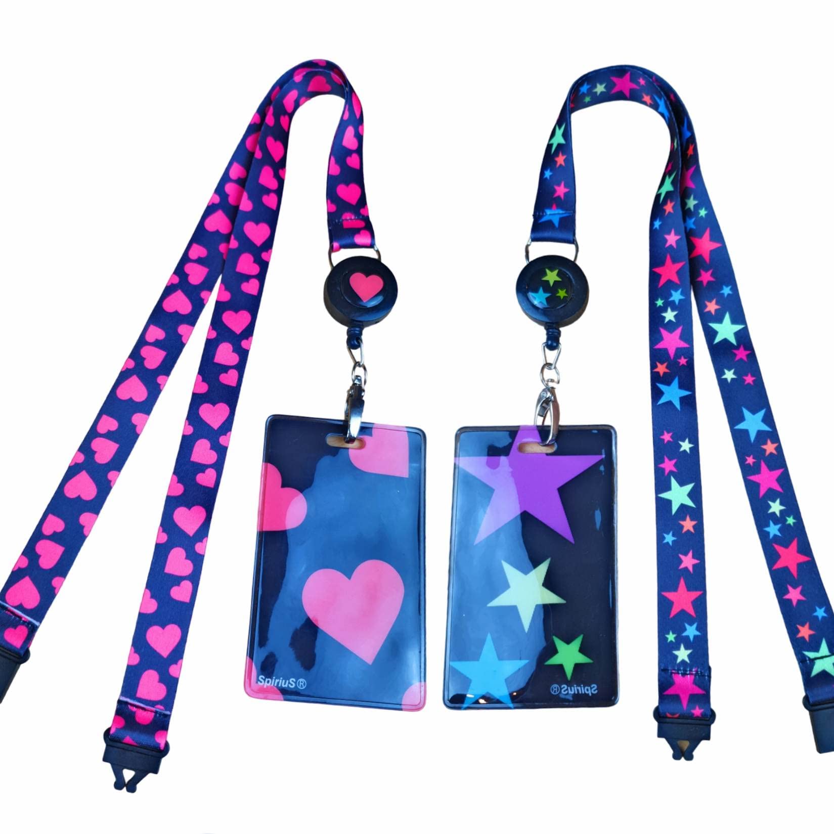 SpiriuS 2 x Retractable Reel Breakaway Lanyards Neck Straps with Unique Waterproof Zip Lock Card Holders for Badge, Pass, ID Card B (Hearts + Stars)