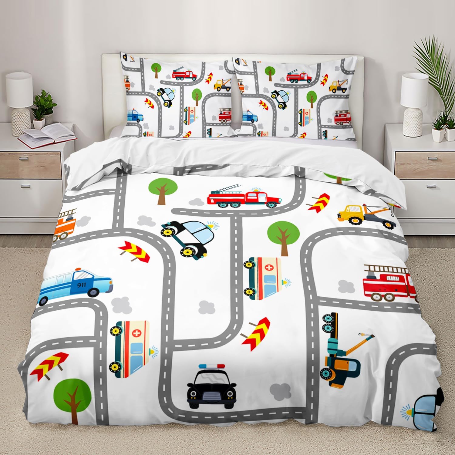 AILONEN Cartoon Car Duvet Cover Set Queen Size,Construction Truck Kids Bedding Set for Boys,Fire Truck Police Car Road Print Comforter Cover Set 3 Pieces, 1 Quilt Cover and 2 Pillowcases(No Comforter)