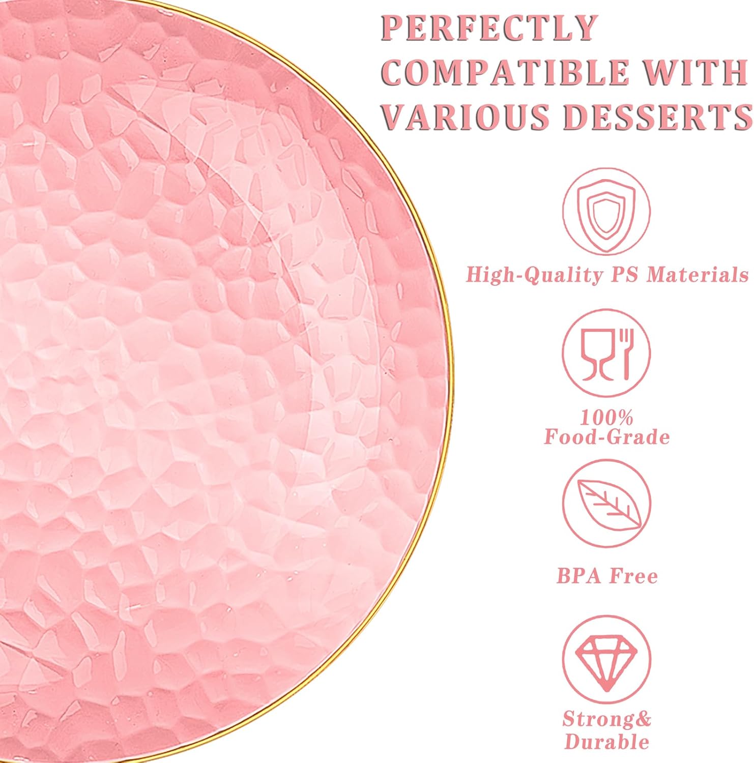 Rubtlamp 60 Pcs Pink Gold Plastic Plates, Gold Hammered Disposable Salad Plates, 7 Inch Disposable Dessert Platos, Plastic Dessert Appetizer Platos Perfect for Mother's Day - Image 3