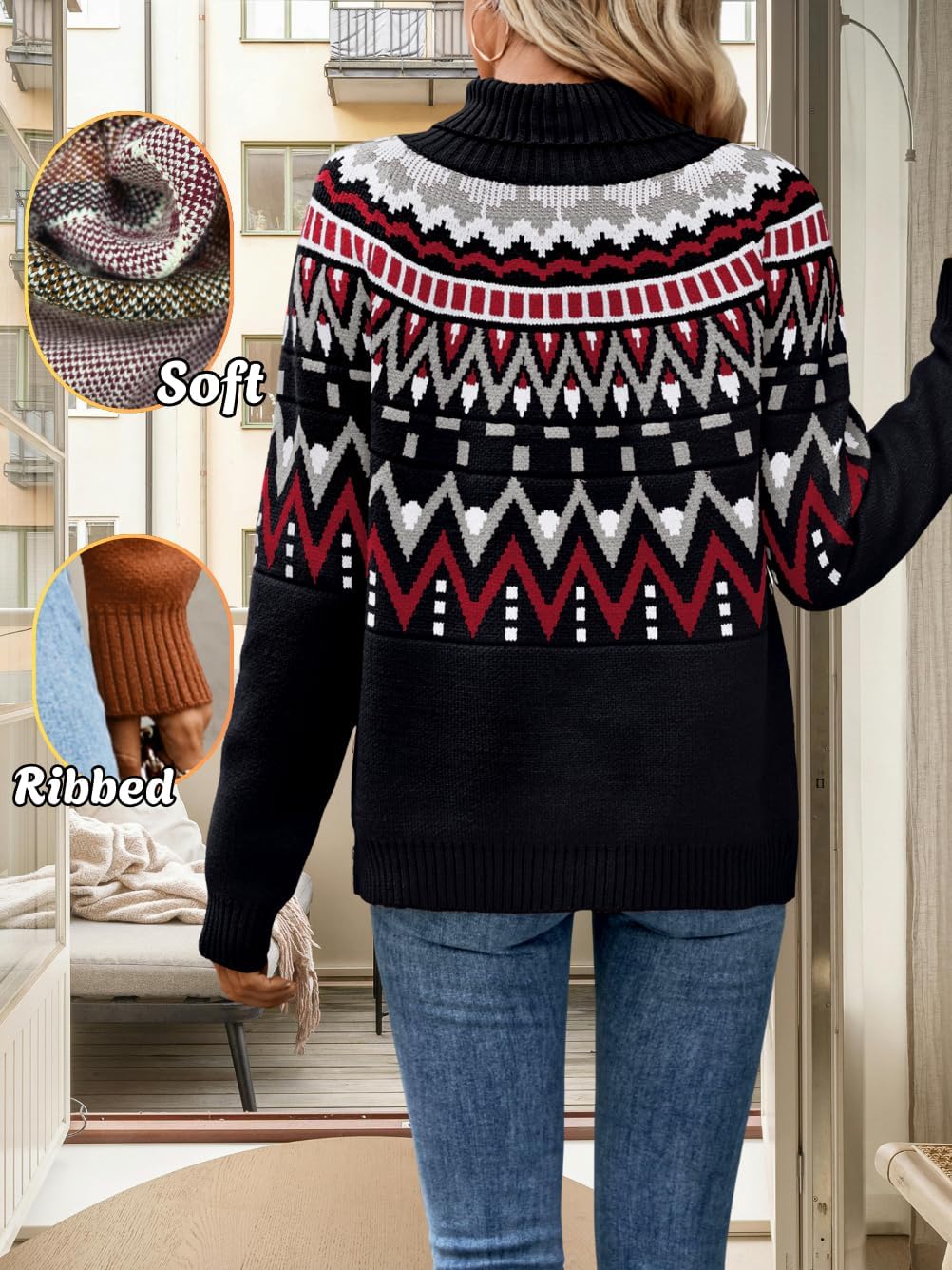 Womens Vintage Fair Isle Sweater, Loose Chunky Turtleneck Ribbed Knit Pullover, Casual Winter Christmas Sweaters - Image 3