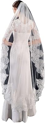 1 Tier Wedding Bridal Veil with Comb,Elegent Lace Embroided Chapel Veil Ivory White Fingertip Length 59