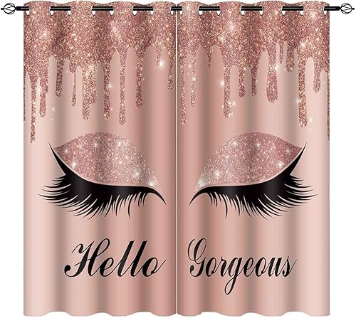 BSPPTI Hello Gorgeous - Cortina con estampado de pestañas de unicornio, goteos de oro rosa (sin purpurina sin lentejuelas), cortinas de ventana con