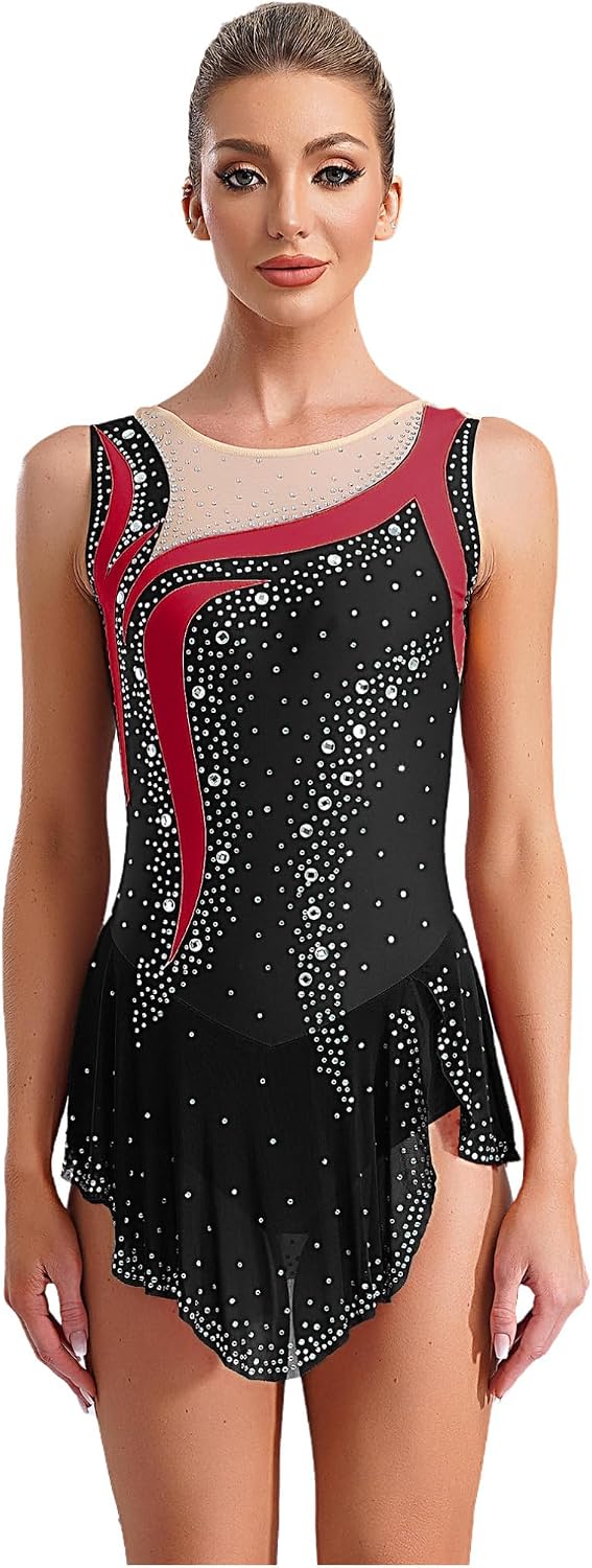 JEATHA Women's Figure Ice Skating Dress Sleeveless Rhinestones Gymnastics Competition Ballet Dancewear