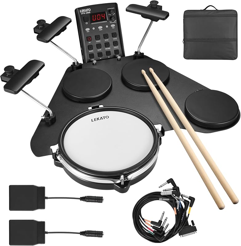 Batería Electrónica, Batería Eléctrica portátil para Principiantes con Almohadillas de Caja de Malla Silenciosa, Más de 220 Sonidos, USB MIDI, 2 Pedales de Interruptor, Batería Eléctrica con Baquetas, Bolsa de Viaje