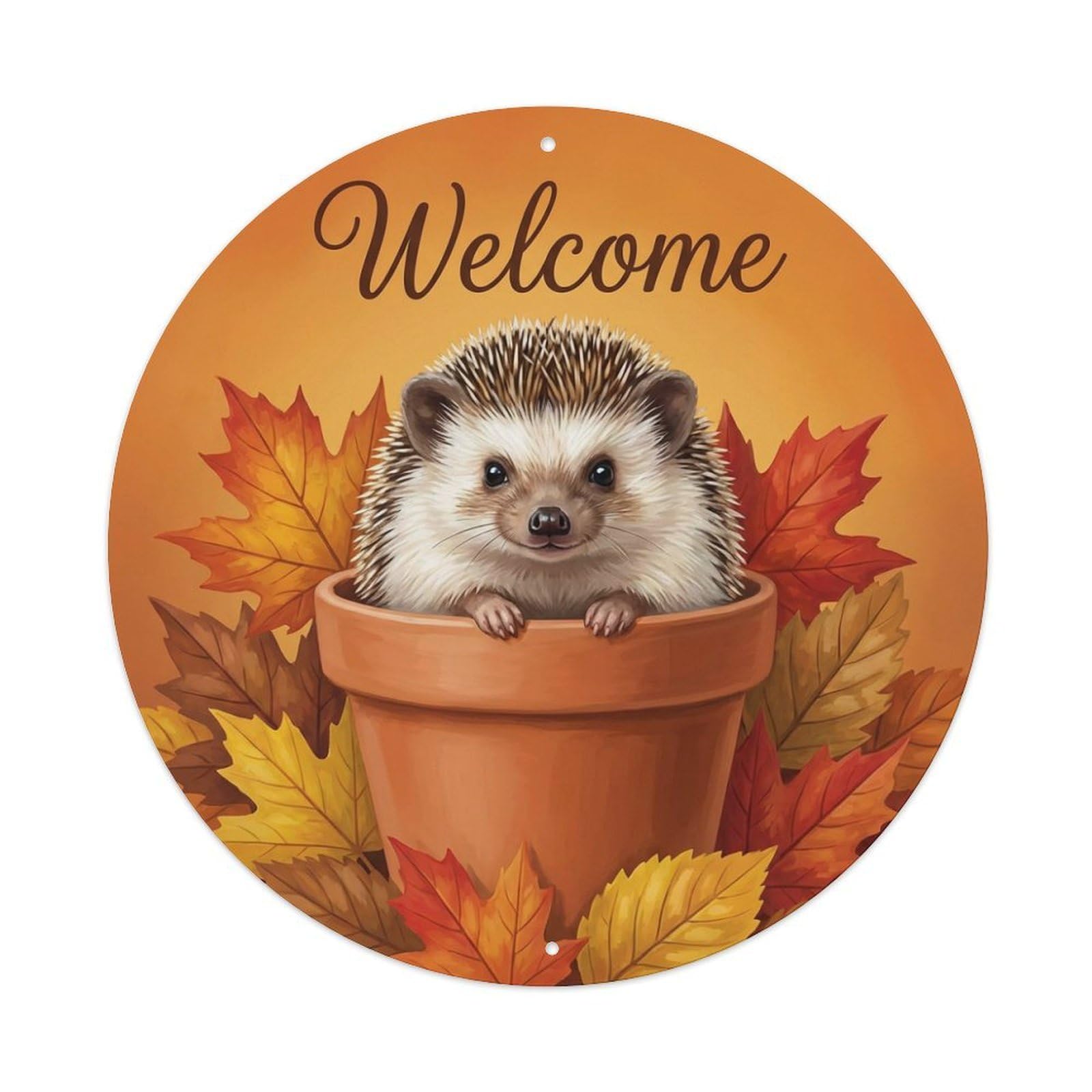 Metal Tin Sign Welcome Hedgehog Autumn Leaves