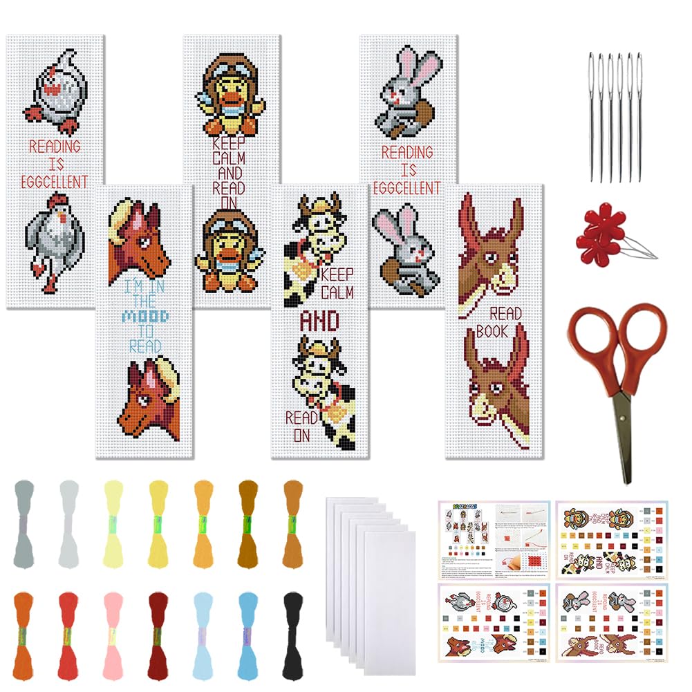FREEBLOSS 6 Set Cross Stitch Bookmark Kit, Farm Animals Pattern DIY Bookmarks Cross Stitch Kits for Beginners, Stamped Embroidery Bookmarks, Cross Stitch Kits for Adults