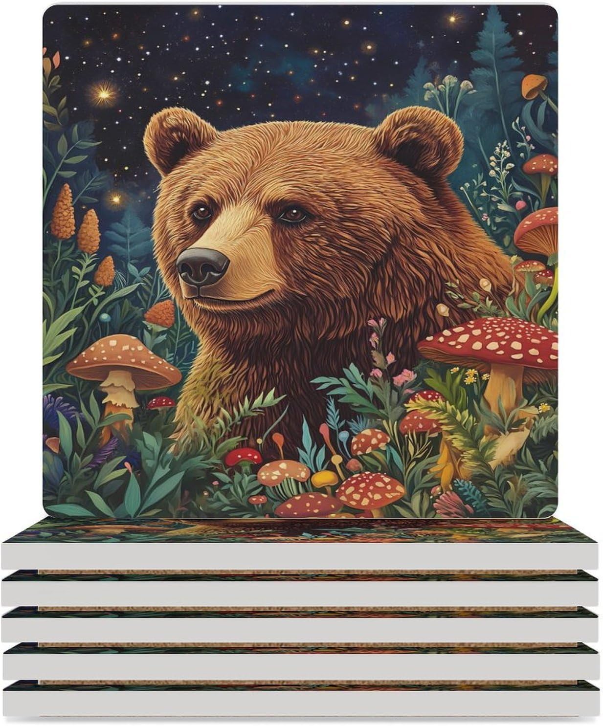 Bear Mushroom Starry Sky Ceramic Coasters Square Drinks Coaster Coffee Table Decor Table Coaster for Home Bar