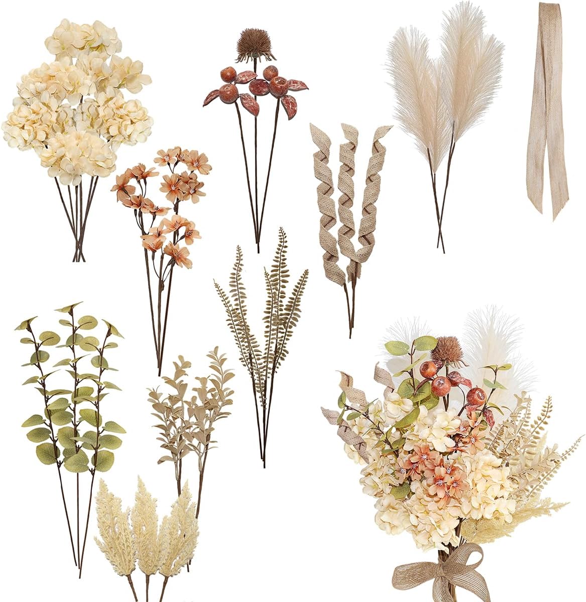 28Pcs Boho Artificial Dried Hydrangea Flower Bouquet with Berries, Burlap & Pampas, Green Ombre Leaves, Fake Fall Winter Thanksgiving Harvest Floral Arrangement for Vase Centerpieces, 17"