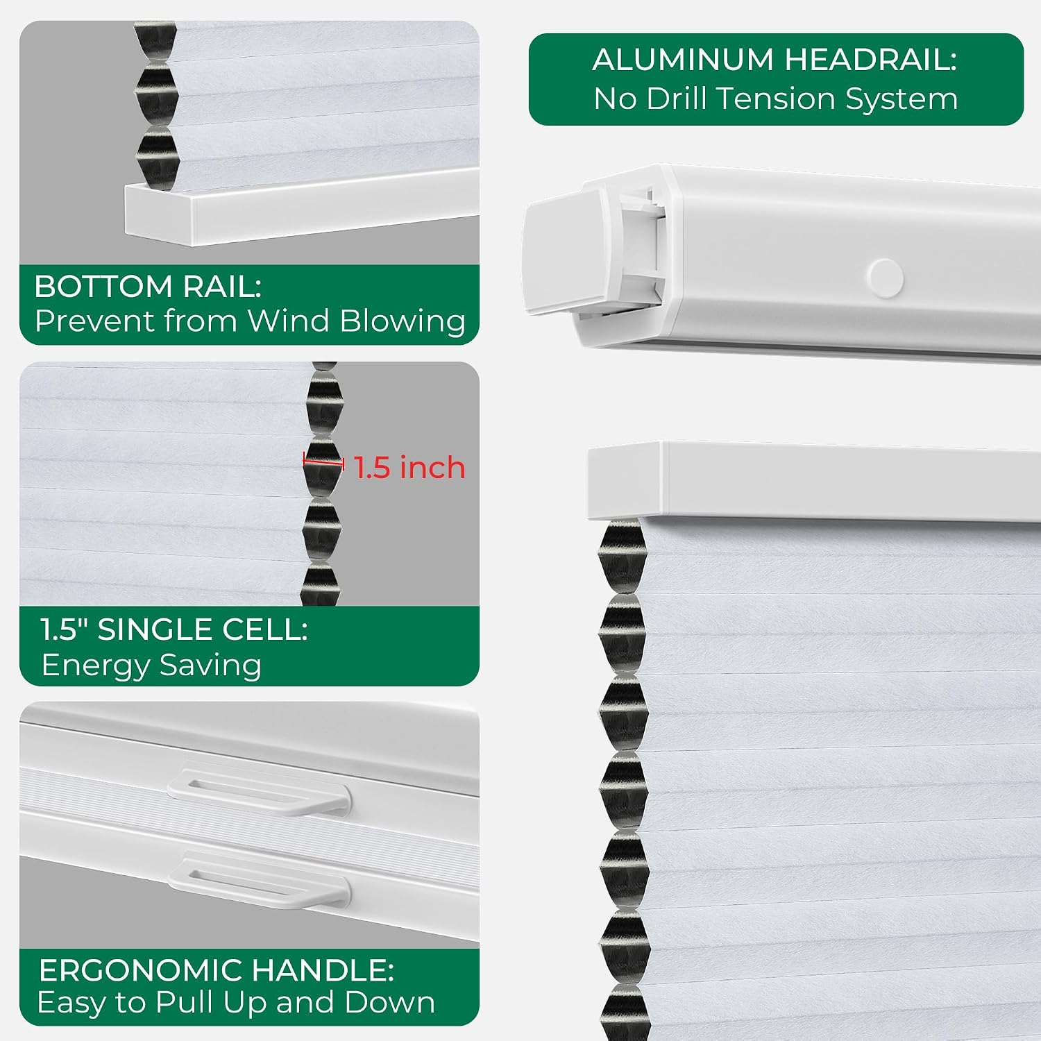 Allesin Zen No Drill No Tools Top Down Bottom Up Cellular Shades,Blackout Cordless Window Blinds for Indoor Windows,Easy to Install Honeycomb Blinds,White(Blackout) 24" Wx36 H