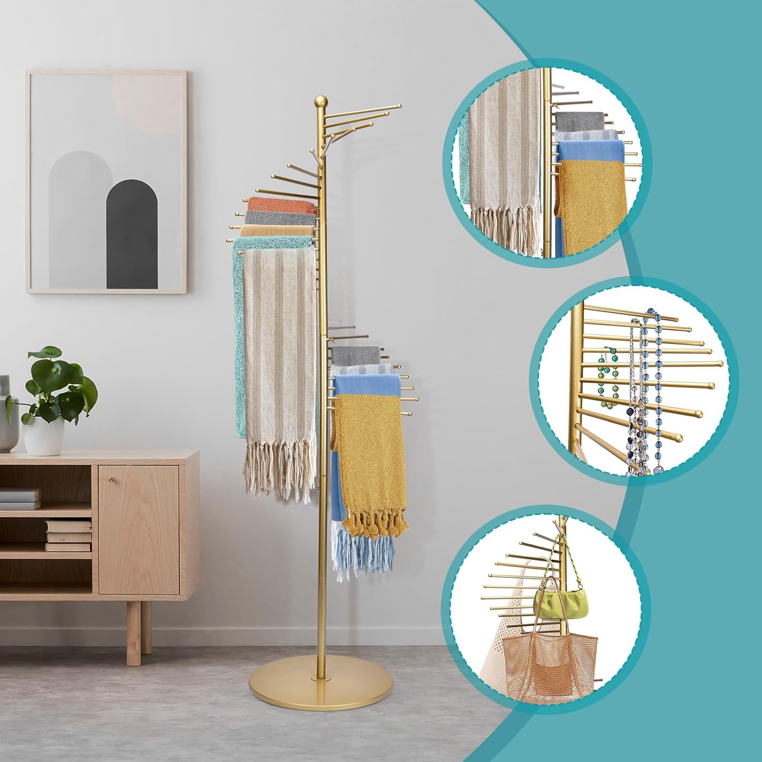 Metal Scarf Rack, Freestanding Spiral Scarf Holder Commercial Hijab Organizer Belt Pants Hanger with 30 Rods for Clothing Store Home, Space Saving Shelves (Color: Gold, Size: 17''x67'')