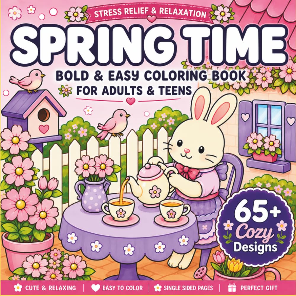 Cozy Springtime Coloring Book: Simple Bold and Easy Spring Coloring Book for Adults Featuring Cottagecore Animals, Flower Gardens, Cozy Cottage ... Gardens and Peaceful Countryside Scenes