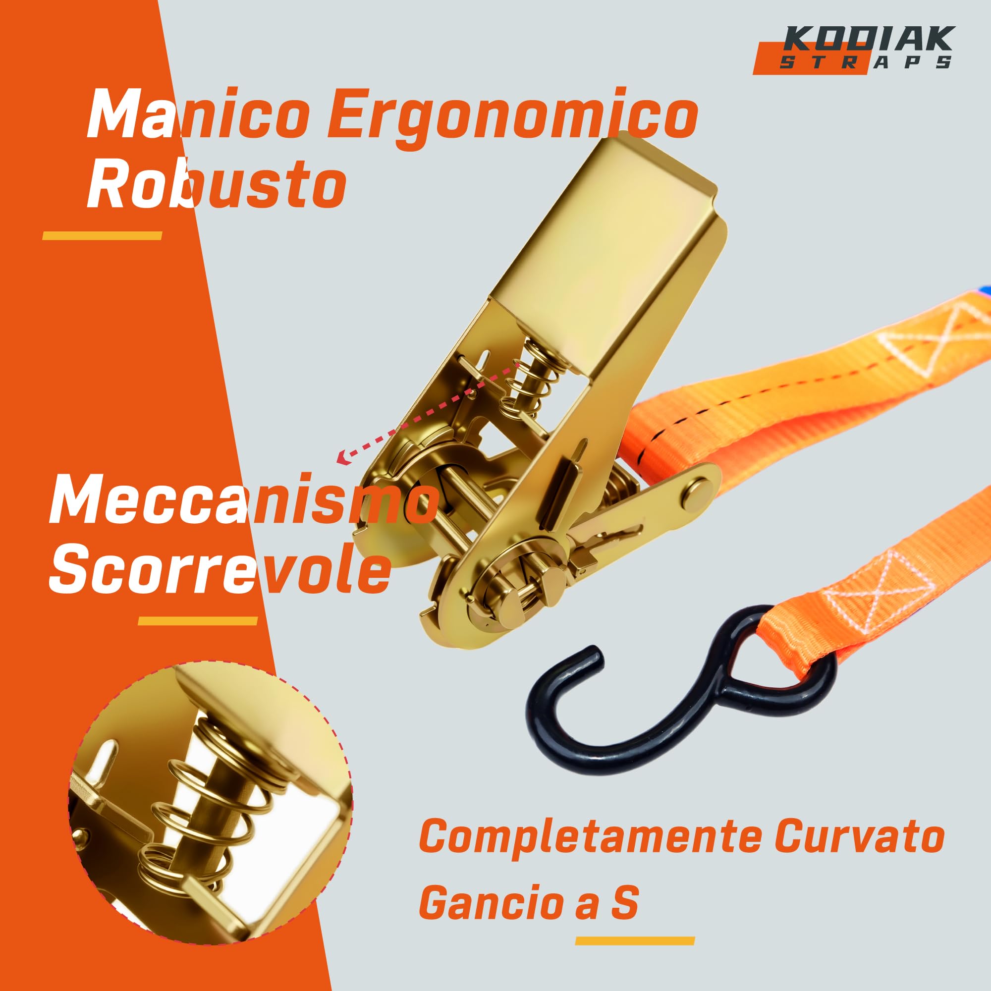10 Cinghie di Tensione 4m x 800kg con Cricchetto e Ganci-S - Cinghie a Cricchetto da 25mm - Cinghia Arancione per la Sicurezza del Carico - Certificato TÜV/GS e secondo DIN EN 12195-2 - KODIAK STRAPS