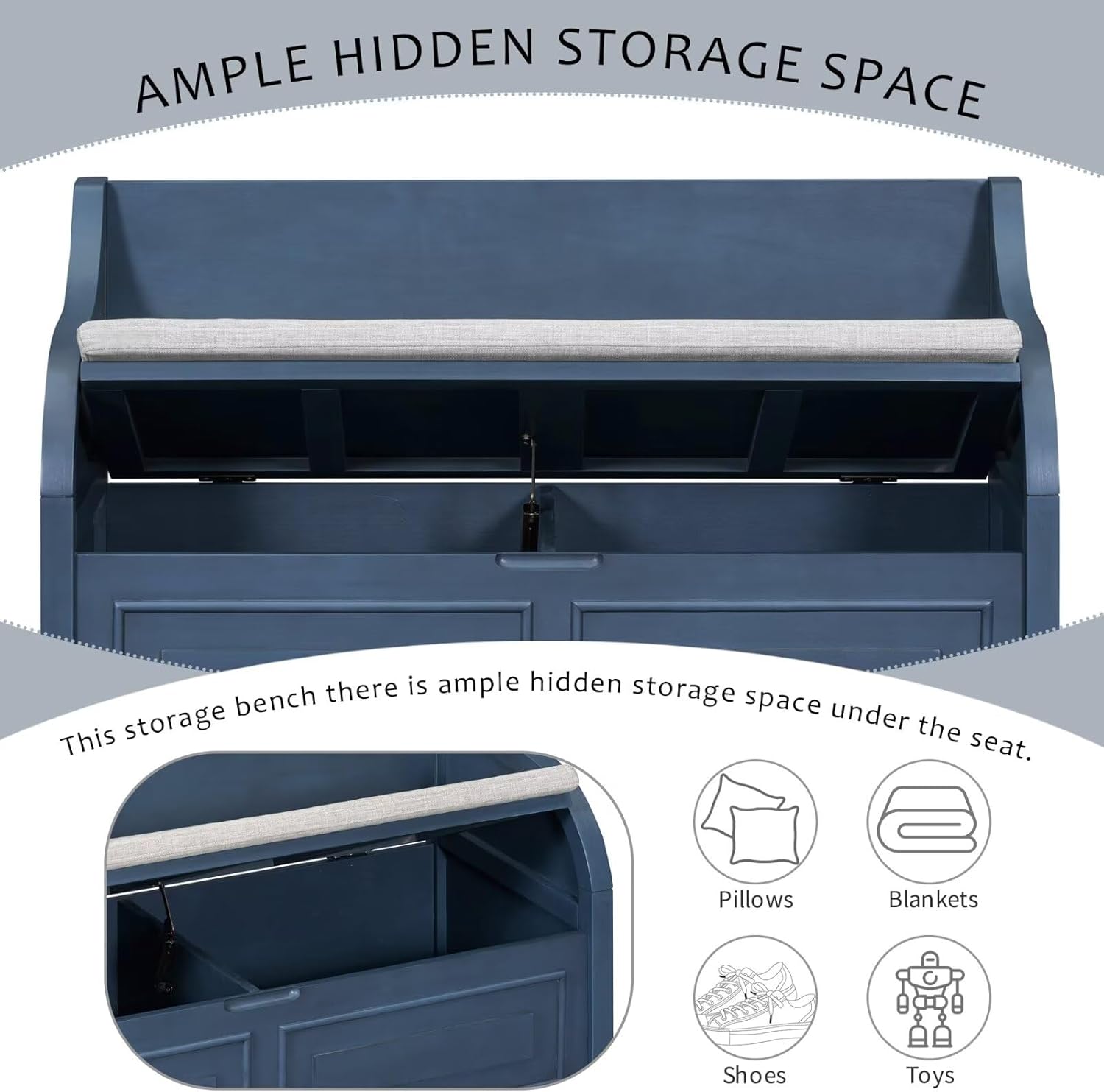 Merax Storage Bench, 41.9” Solid Wood Storage Chest with Backrest and Safety Hinge, Large Storage Space Bench with Upholstered Cushions,Supports 250 lb and Easy Assembly for Small Space, Antique Navy