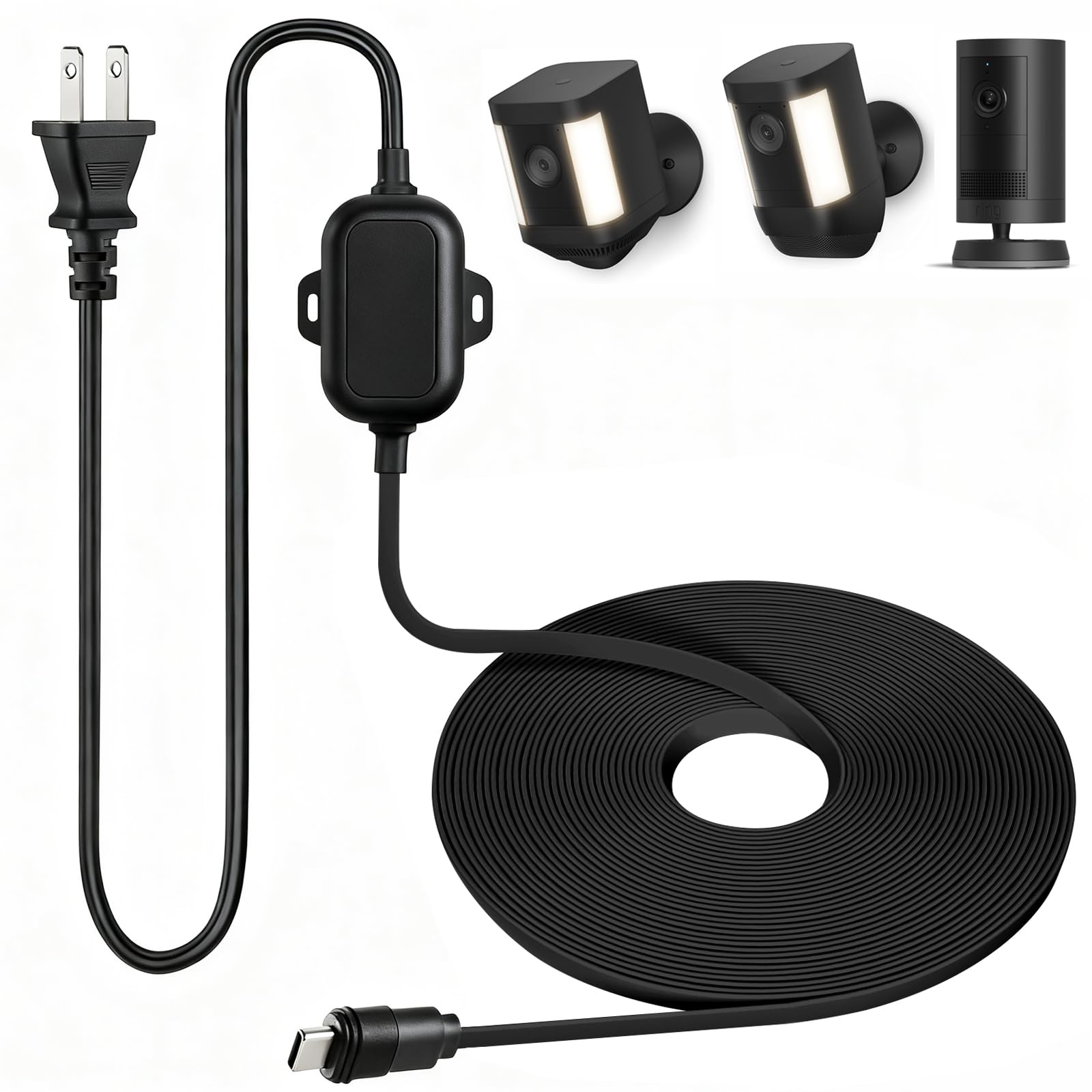 ALERTCAM Weatherproof Power Cord for Spotlight Cam Plus/Pro (Battery), 25ft USB-C Outdoor Charging Cable for Continuous Camera Power Supply, Black