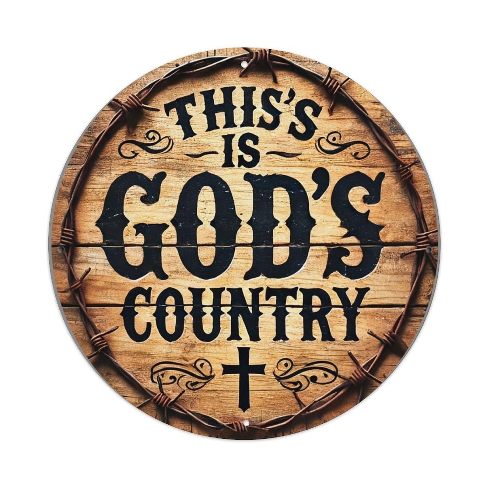 This Is Gods Country Cross Round Metal Tin Sign Vintage Wall Decor, Bar Garage Cafe Kitchen Home Wall Art Poster 8x8inches