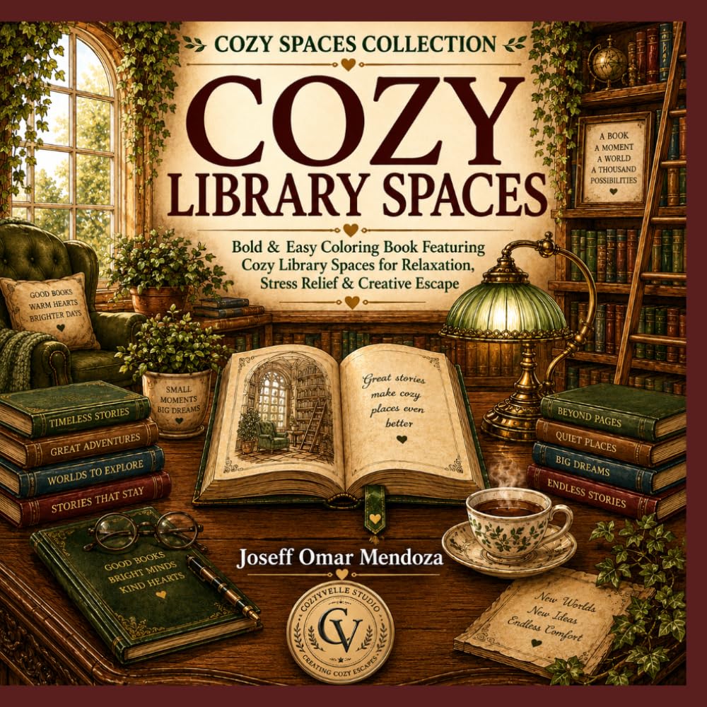 Cozy Library Spaces: Bold & Easy Coloring Book for Adults Featuring Cozy Reading Nooks, Beautiful Library Interiors, Bookshelves, Relaxing Spaces, Stress Relief & Mindfulness (Cozy Spaces Collection)