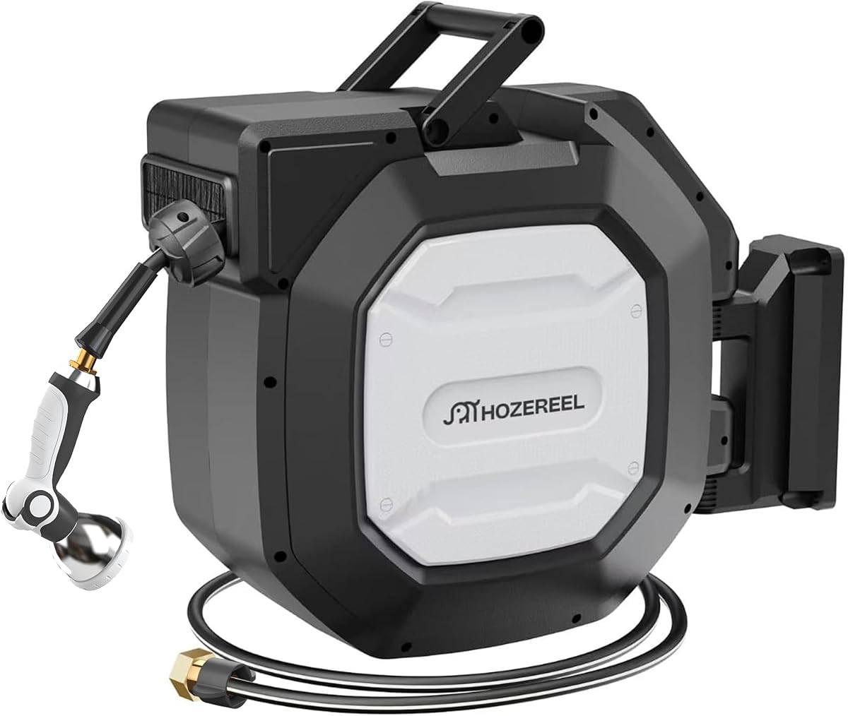 5/8" x 100 ft Heavy Duty Retractable Hose Reel Black | Garden Hose Reel 180°Swivel Wall Mount, UV Resistant, Slow Self Retract System, Upgraded Any Length Lock, 10 Pattern Nozzle