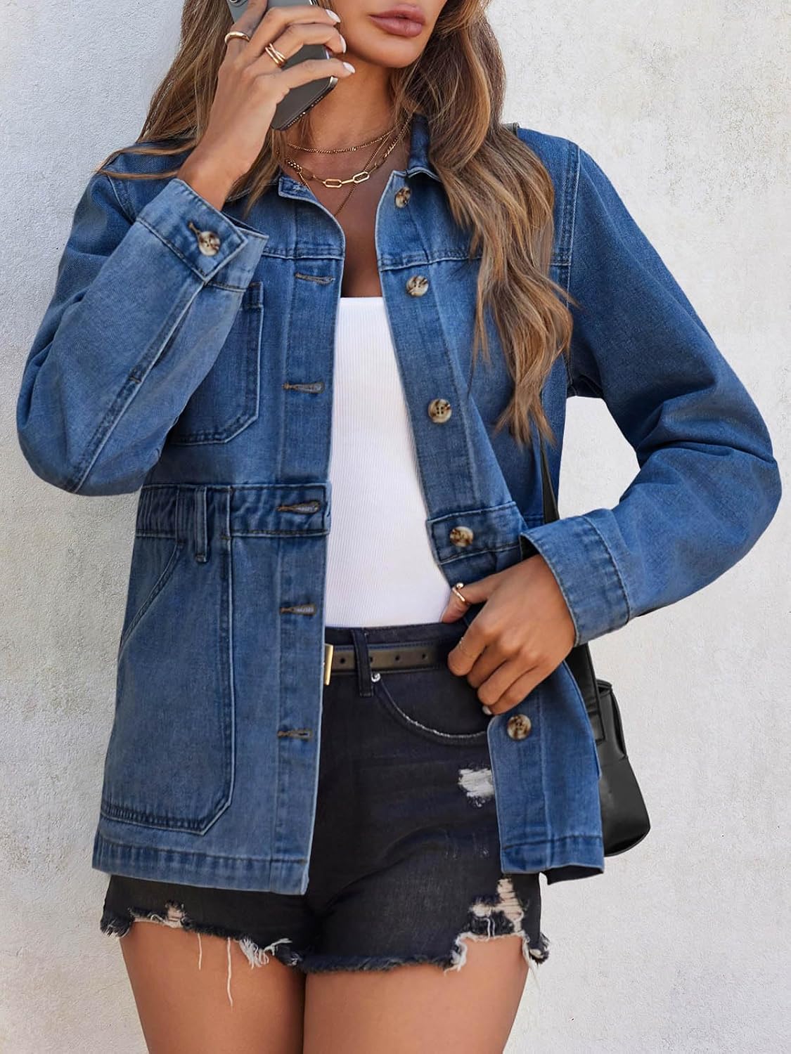 Tankaneo Denim Jacket for Women Distressed Jean Jacket Button Down Oversized Shacket with Pockets - Image 4