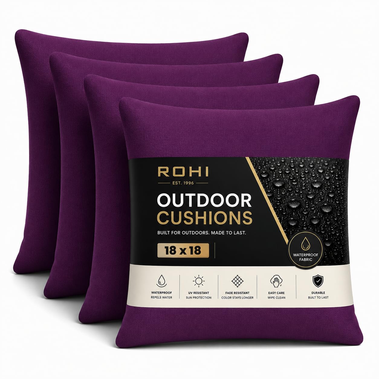 Rohi Waterproof Outdoor Cushion 4 Pack Filled – Decorative Waterproof Cushions for Garden, Patio, Couch, Tent, Balcony and Sofa (Purple, 18" x 18")