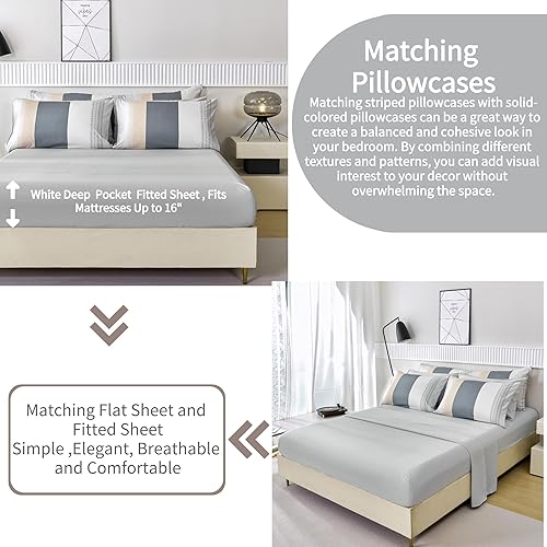 Miniatura 5 de RYNGHIPY Rust Bed in A Bag - Juego de edredón de tamaño matrimonial color naranja quemado gris juego de ropa de cama de rayas terracota para hombres