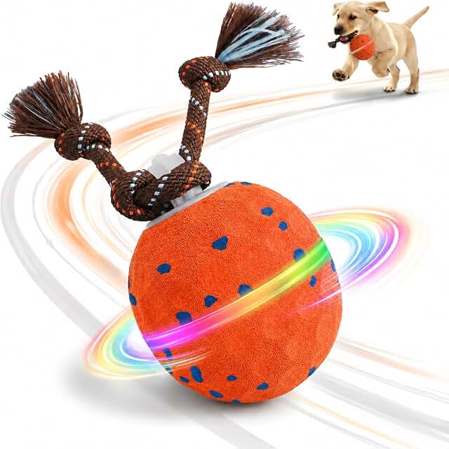 Interactive rolling dog toy with colorful lights and ropes
