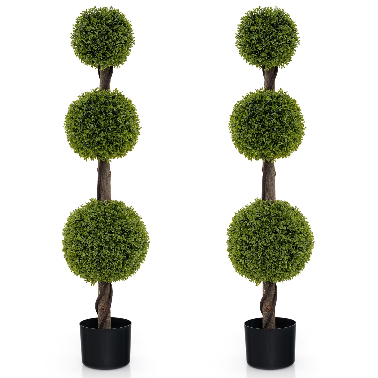 Goplus 4ft Artificial Boxwood Topiary Ball Tree, 2 Pack Faux Potted Plants Cypress Tree with Weighted Pot, Triple Ball-Shaped Fake Evergreen