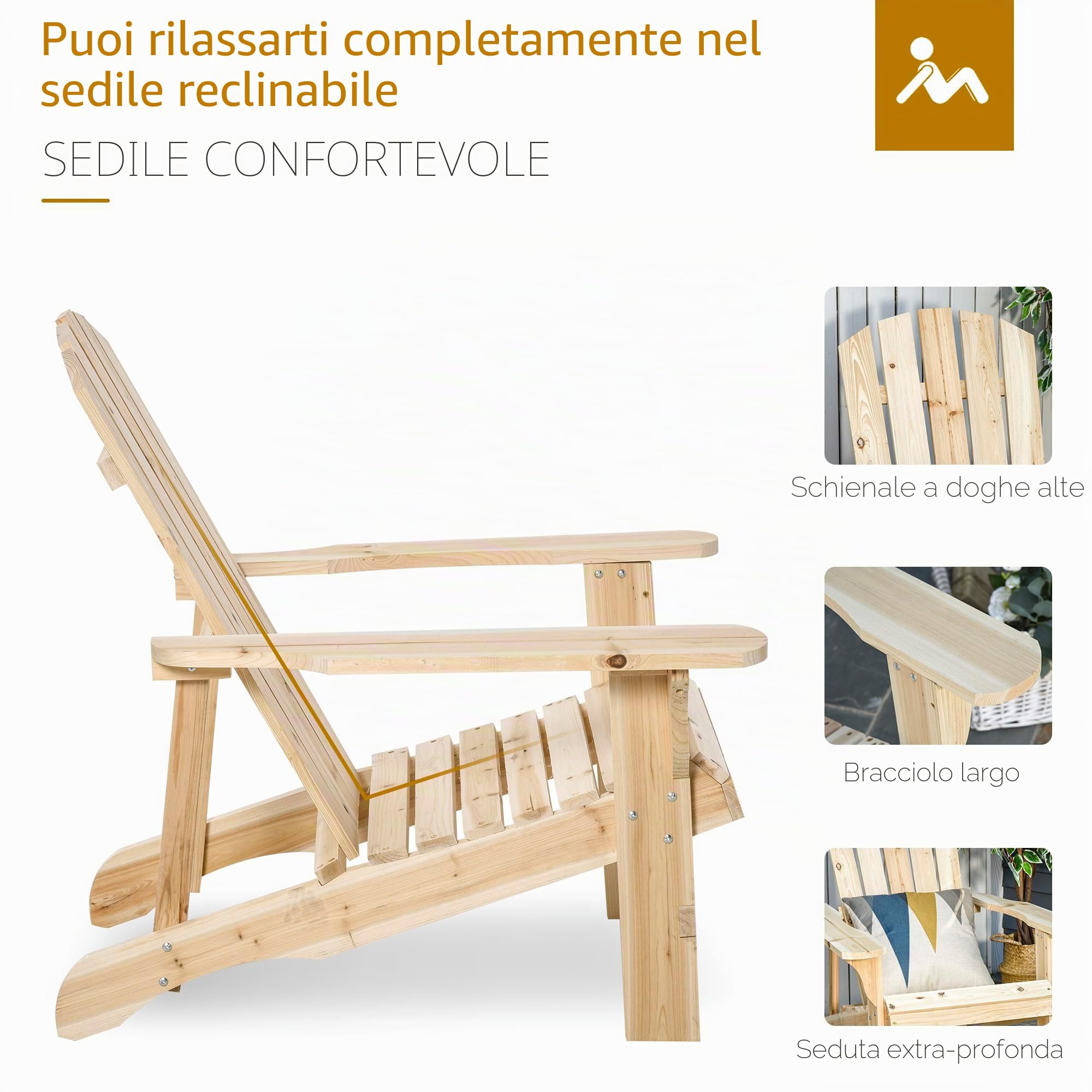 Outsunny Fauteuil adirondack Fauteuil de Jardin Chaise de Jardin de Plein Air dim. 78L x 89D x 88H cm Bois Massif Sapin Naturel pour Jardin, Terrasse et Balcon