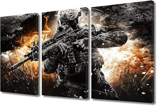 3 piezas de lienzo para pared, arte de pared de soldados militares militares, arte de pared para dormitorio, decoración de pared en blanco y negro,